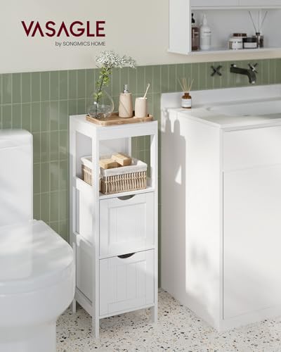 Slim Bathroom Floor Cabinet with 2 Drawers and Open Shelf, 35-Inch White