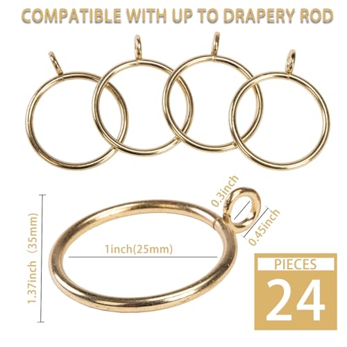 24-Piece Metal Curtain Rings with Eyelets - 1-Inch Inner Diameter, Gold