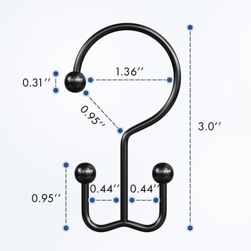 Matte Black Double Shower Curtain Hooks - Rust-Proof Metal Rings (12 Pack)