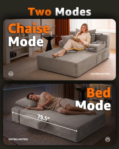 79.5" Oversized Corduroy Chaise Lounge Sleeper Sofa with 3 Pillows