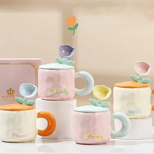 Disoza Pink Tulip 15 OZ Ceramic Coffee Mug with Lid - Floral Tea & Gift for Women