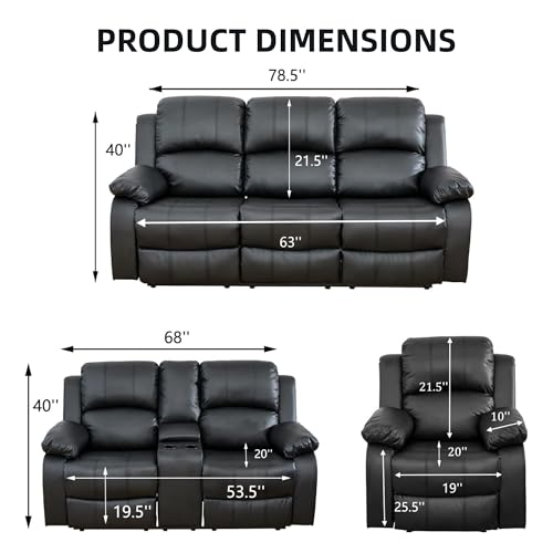 3-Piece Bonded Leather Reclining Sofa Set with Storage Console & Cup Holders