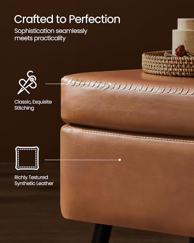 Mid-Century Modern Storage Ottoman Bench with Safety Hinges, Caramel Brown