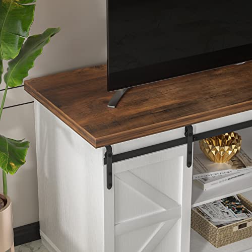 Farmhouse TV Stand with Sliding Barn Doors for 65 Inch TVs, White