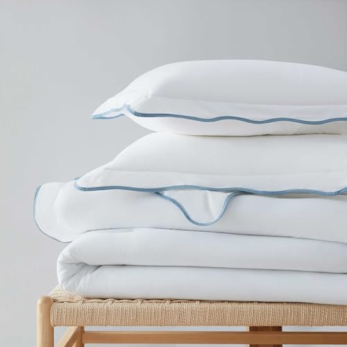 Queen Duvet Cover Set 100% Cotton Percale Reversible Bedding - Scallop Blue