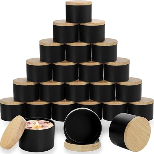 24 Pack Black Candle Tins with Wood Grain Lids - 4oz Metal Containers for Candle Making