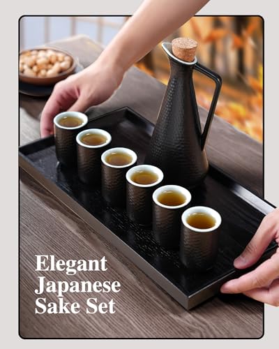 ZENS Black Sake Set with 6 Cups & Warmer - 13 oz Hot Sake Tea Ceremony