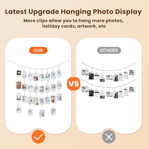 Hanging Photo Display with 28 Wood Clips, Boho Bead Garland Wall Decor