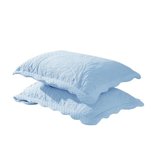 Embroidered Cotton Quilted Pillow Shams - King Size, Light Blue - 2 Pack