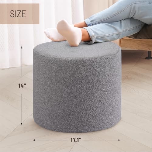 Round Grey Boucle Ottoman - 17.7-Inch Soft Foam Footrest & Extra Seat