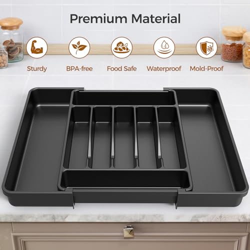Expandable Silverware Drawer Organizer - Extra Large Cutlery Tray, Black