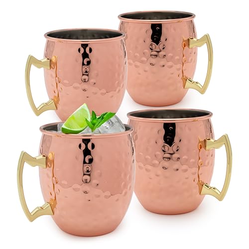 Copper Moscow Mule Mugs Set of 4 - 17oz Hammered Copper Cups for Cocktails & Drinks