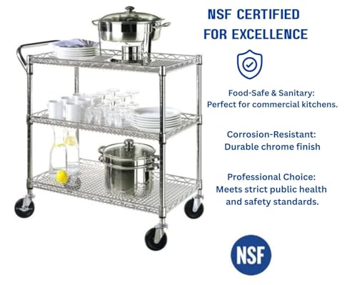 3-Tier Heavy Duty Rolling Utility Cart, NSF-Certified Steel Storage Shelving
