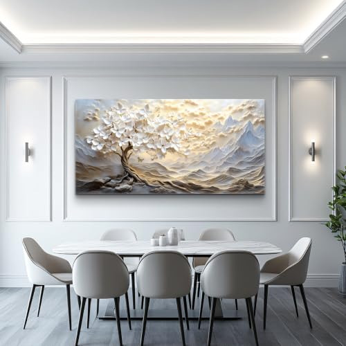 Large White Tree of Life Canvas Wall Art - Mountain Floral Decor