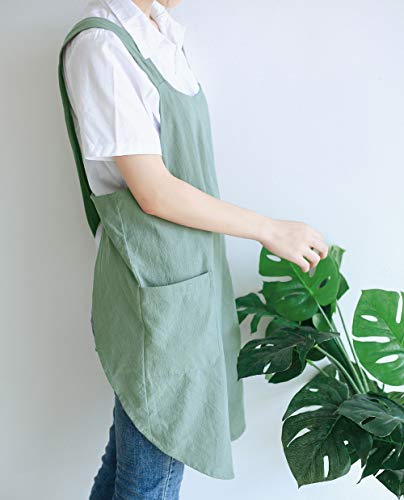 Japanese Cotton Linen Cross Back Apron with Pockets for Kitchen Cooking