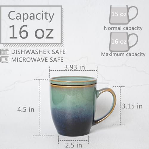 Bosmarlin 16 Oz Ceramic Tea Mug with Infuser & Lid - Pale Green, Microwave & Dishwasher Safe