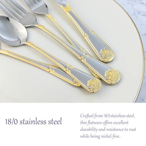 MUJINON 18/0 Stainless Steel Silverware Set for 4 with Gold Accents - 20 Piece Flatware for Formal Dining & Gift