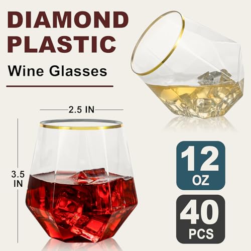 40PCS 12oz Disposable Stemless Plastic Wine Glasses with Gold Rim