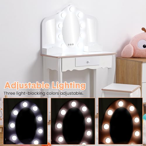 Kids Vanity Table Set with Tri-Fold Lighted Mirror and Stool, White