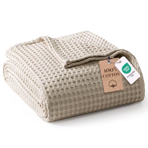 Lightweight 100% Cotton Waffle Blanket Queen Size - Khaki, 90x90 Inches