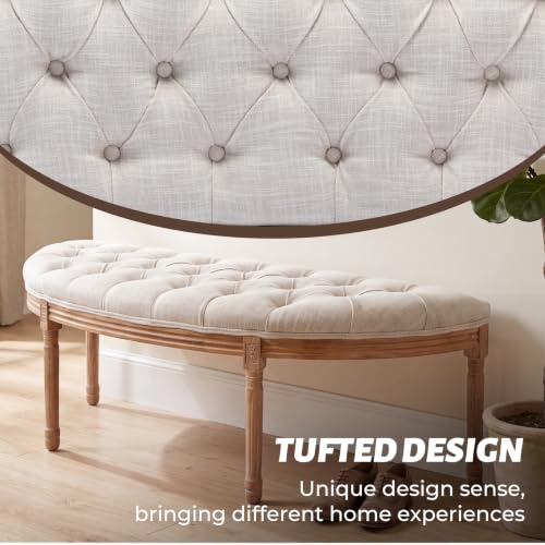 55-Inch Button-Tufted Half-Moon Dining Bench, Upholstered Linen Seat