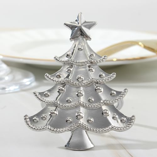 Hayooha Christmas Tree Silver Napkin Rings Set of 6 - Holiday Table Decor