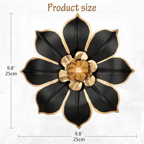 10-Inch 3D Metal Flower Wall Art, Black and Gold Floral Wall Decor
