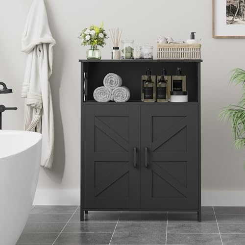 Farmhouse Bathroom Storage Cabinet with Barn Doors, Small Floor Cabinet, Black