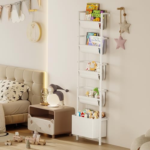 5-Tier Wall Mounted Kids Bookshelf with Storage Bin, Slim Ladder Shelf