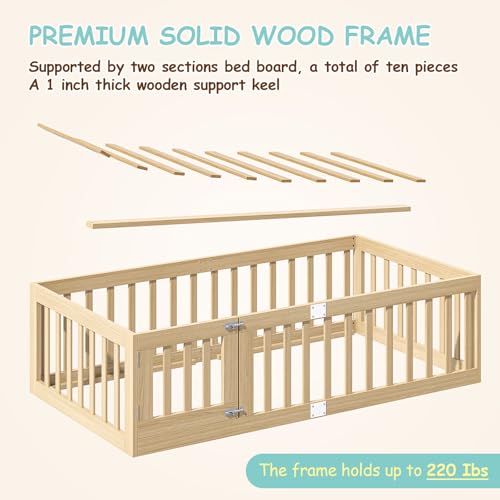 Twin Montessori Floor Bed Frame with Guardrails and Door Latch, Natural Wood