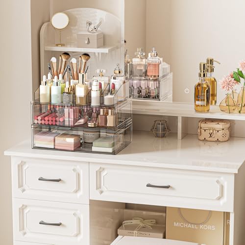 Aurblozen 3 Pack Clear Stackable Makeup Organizer with Drawers, 12"W Acrylic Storage