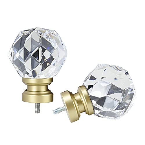 Decorative Crystal Curtain Rod Finials, Round Faceted Gold, Set of 2