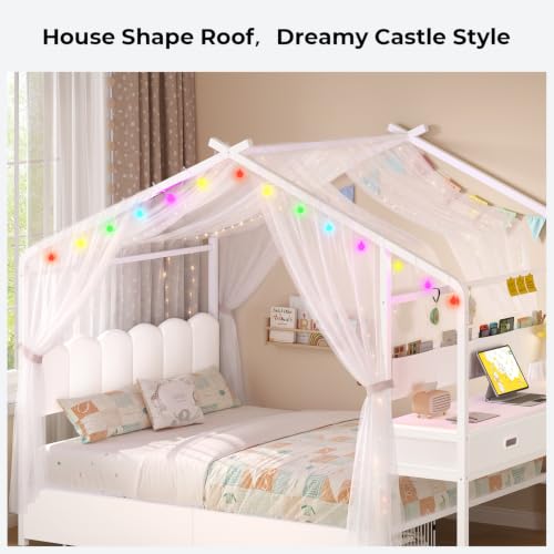 Full Size Kids House Bed with Desk and 4 Storage Drawers, White Metal Frame