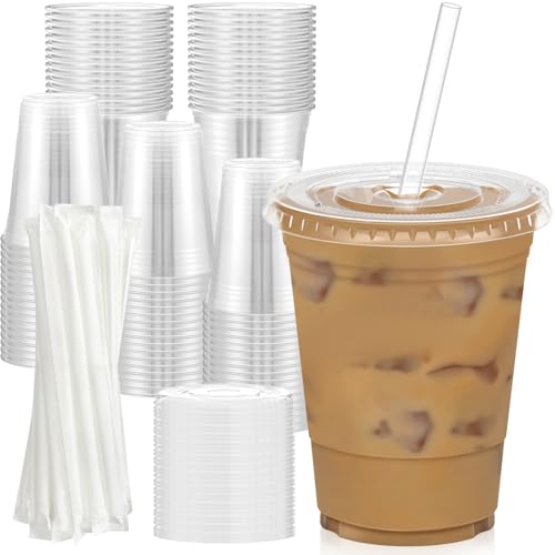16 oz Clear Plastic Cups with Lids & Straws (100 Pack) - Iced Coffee Cups