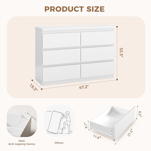Modern 6-Drawer Double Dresser for Bedroom, White Wood Storage Chest