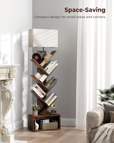 6-Tier Tree Bookshelf with Adjustable LED Lighting, Rustic Brown