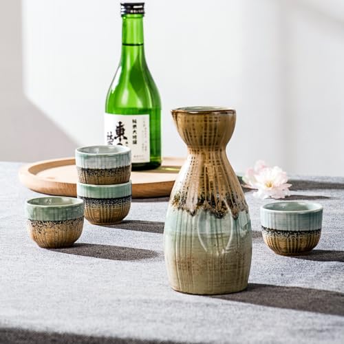 UNICASA Light Brown Japanese Sake Set of 5 - Ceramic Cups & 210ml Sake Bottle