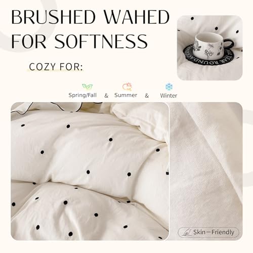 Queen Size Duvet Cover Set - Beige Polka Dot Ruffle Bedding with 2 Pillowcases