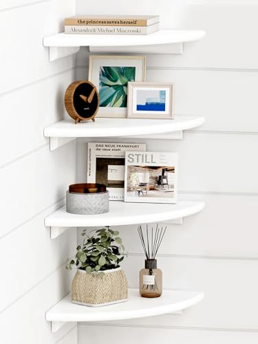 White Corner Floating Shelves, 10-Inch Wall Mounted Wood Shelving Set of 4