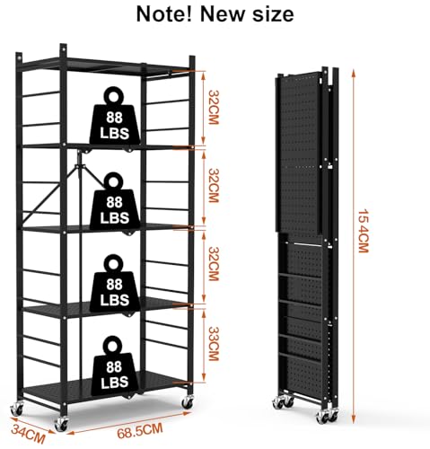 5-Tier Foldable Metal Storage Shelf with Wheels and Hooks, Black
