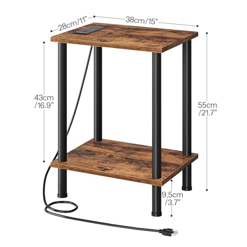 Set of 2 End Tables with Charging Station and USB Ports, Rustic Brown