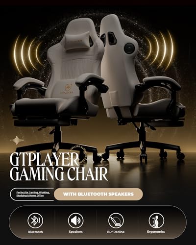 Ergonomic Gaming Chair with Bluetooth Speakers, Footrest and Recline, Off-White