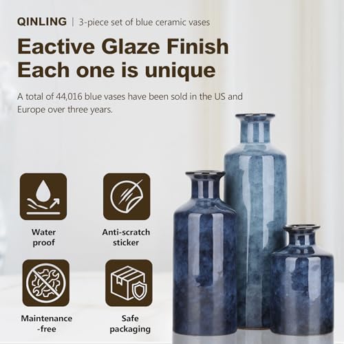 Blue Ceramic Vase Set of 3 - Modern Farmhouse Rustic Decorative Table Centerpiece