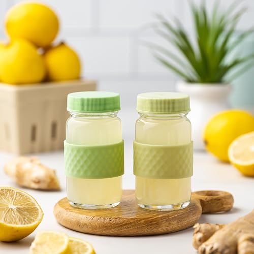 Green Glass Juice Shot Bottles with Caps & Grip Bands, 2oz - All About Juicing