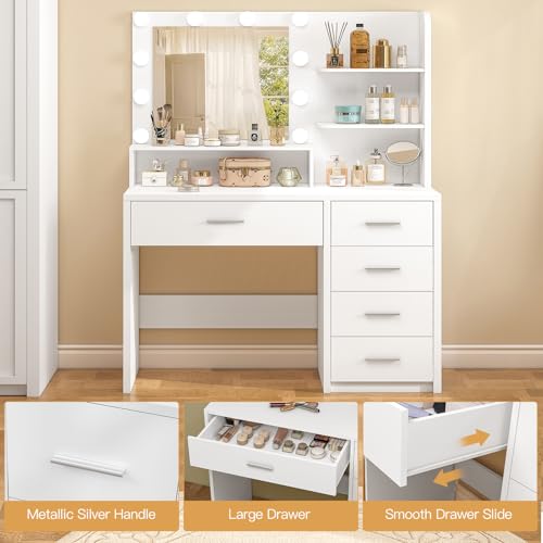 White Makeup Vanity Desk with Lighted Mirror, 5 Drawers & Storage Shelves
