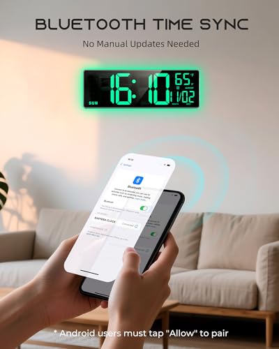 16.5" Large Digital Wall Clock with 11 RGB Lights, BT Sync & Remote Control