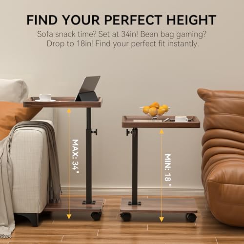 Adjustable C-Shaped End Table - Rolling 360° Swivel TV Tray, Walnut