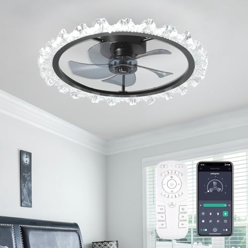 FTZVRD Ceiling Fans with Lights, 20 Inch Ceiling Fan with Light and Remote, Low Profile Reversible Black Fandelier Ceiling Fan, Dimmable LED, Flush Mount, DC Motor, for Bedroom, Kitchen, Office