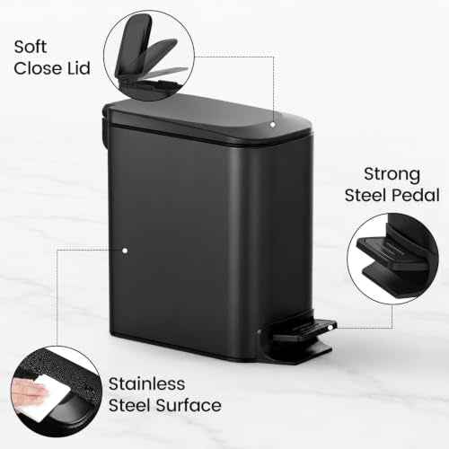 Small Bathroom Trash Can with Lid 1.6 Gal Slim Matte Black Steel