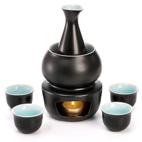 Ceramic Sake Set with Warmer - Hot & Cold Sake Drinking Kit, 7 Pieces